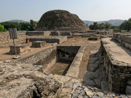 Dharmarajika complex view of small stupas beside sacred pond with main great stupa reflecting buddhist devotion in taxila pakistanの写真素材