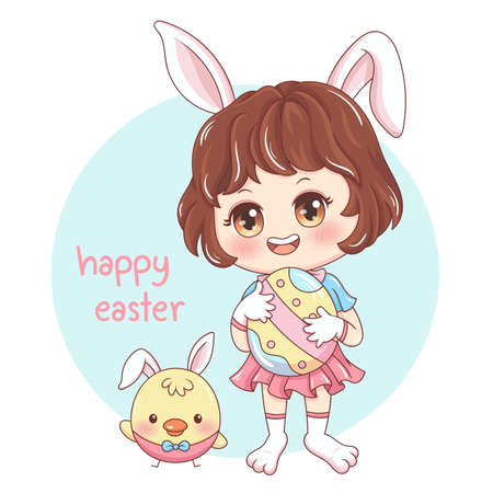 Illustration of cartoon character bunny girl and bunny chick in easter dayのイラスト素材