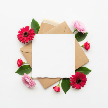 The image features a square frame surrounded by vibrant flowers and green leaves. The flowers include red gerberas and pink roses, adding a touch of elegance and color. The frame is set against a clean, solid white background, making it a high-resolution JPG ideal for various commercial uses. This image is perfect for graphic design, advertising, web design, packaging, UI, mockups, presentations, social media, and print materials.の素材