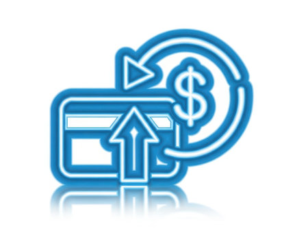 A blue icon depicting a credit card with an upward arrow and a dollar sign within a circular arrow, symbolizing financial transaction or refund, on a clean white background.の素材
