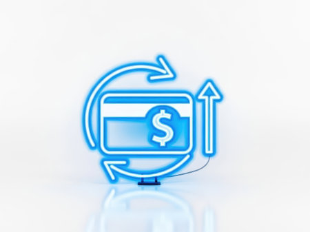 A blue neon-style icon of a credit card with a dollar sign is surrounded by arrows, symbolizing financial transactions and money flow, set against a clean white background.の素材