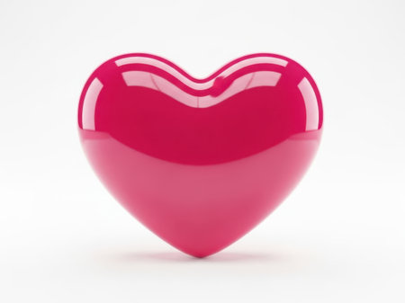 This image features a shiny, pink heart-shaped object with a glossy finish, standing upright on its pointed end against a clean white background. The heart shape is symmetrical and smooth, with a subtle reflection visible on its top surface. The object casts a faint shadow on the white surface below, adding depth to the image. The overall effect is one of simplicity and elegance, making it suitable for various design and decorative applications.の素材
