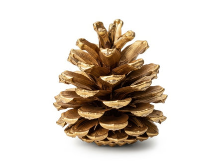A golden pine cone decoration is prominently displayed against a clean white background, showcasing its intricate details and warm, golden hue.の素材