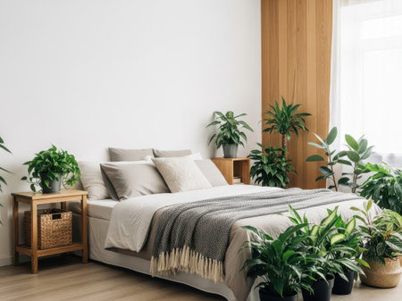 A serene bedroom scene featuring a bed with pillows, a nightstand, and several potted plants, all set against a clean white background.の素材