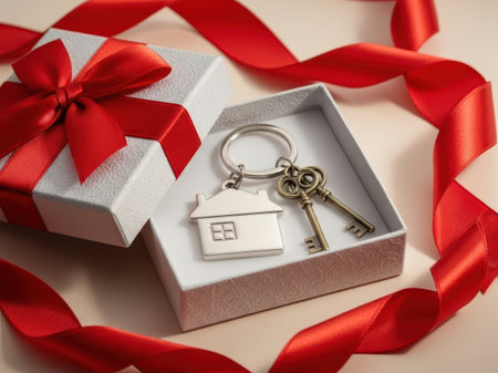 A beautifully presented gift box with a red ribbon, containing a house-shaped keychain and a set of keys, placed on a clean white background.の素材