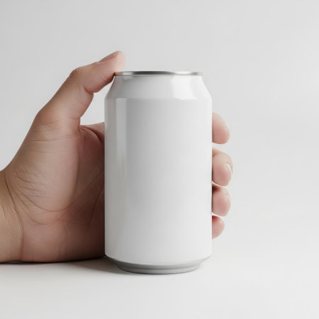 A hand grasping a white soda can with a silver top, placed against a clean white background, highlighting the can's sleek design and the hand's gentle grip.の素材