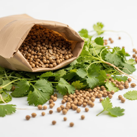 A brown paper bag filled with coriander seeds lies on its side, spilling seeds and fresh coriander leaves onto a white background, creating a visually appealing arrangement of herbs and spices.の素材