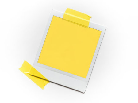 This image features a blank yellow sticky note attached to a polaroid frame with tape, set against a clean white background. The polaroid frame is positioned at an angle, adding a touch of dynamism to the composition. The overall effect is one of simplicity and minimalism, making it an ideal image for use in a variety of contexts.の素材