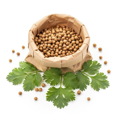 This image features a brown paper bag filled with coriander seeds, surrounded by fresh coriander leaves and scattered seeds on a white background, perfect for culinary and spice-related content.の素材
