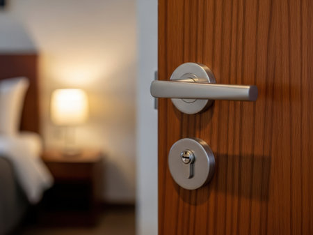 Close-up of a door handle in a hotel room with a bed in the backgroundの素材