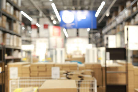 Abstract Blurred Background Image of Shelf in Warehouse or Storehouseの写真素材