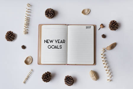 Conceptual,notebook on a with table. open diary with New Year Goals 2017 wordsの写真素材
