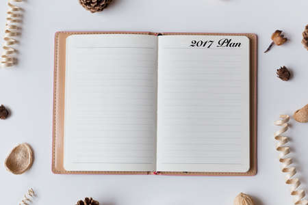 Conceptual,notebook,pinecone on a with table. open diary with 2017 plan wordsの写真素材