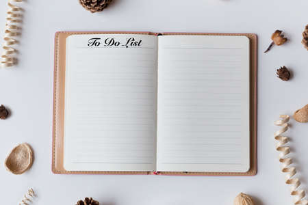 Conceptual,notebook,pinecone on a with table. open diary with To Do List wordsの写真素材