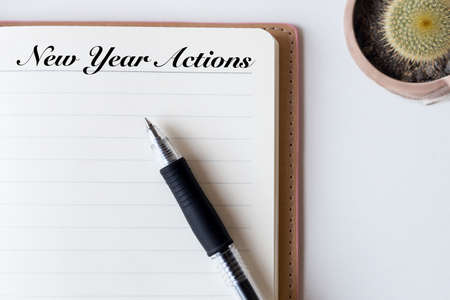 Conceptual,notebook on a white table. open diary,cactus and pen with New Year Actions wordsの写真素材