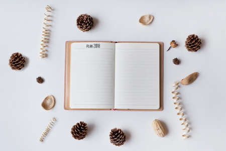Conceptual,notebook on a with table. open diary with plan 2018 wordsの写真素材