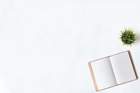 White office desk table with open diary and plant.の写真素材