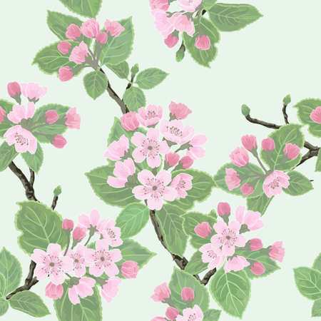 Seamless vector floral pattern with flowering apple treeのイラスト素材