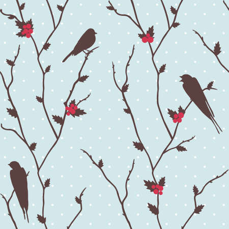 Cute  merry Christmas card with birds and hollyのイラスト素材