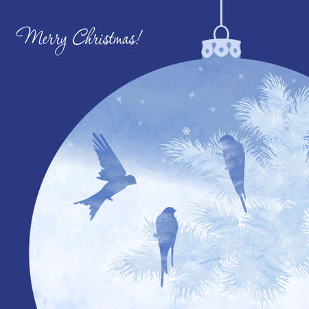 Christmas elegant watercolor card with bird, snow and fir treesのイラスト素材