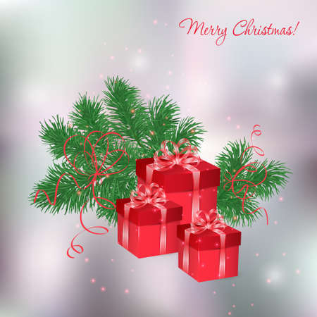 Christmas background with red gift boxes and fir twigsのイラスト素材