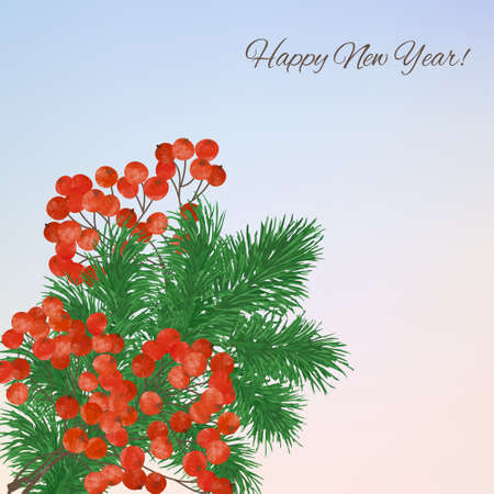 Winter background with  branches rowan berry  and fir twigs.  Christmas winter landscape greeting cardのイラスト素材