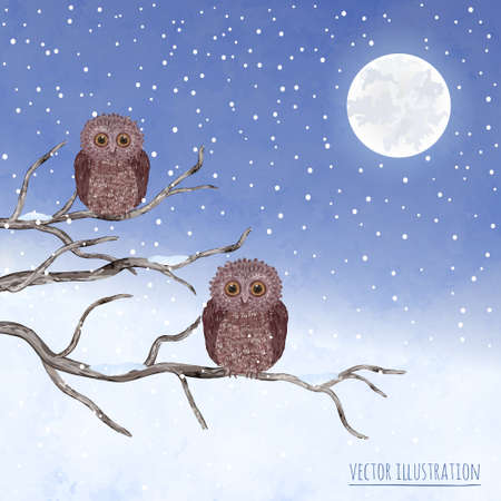 Watercolor vector  card  with owls on a tree and snowflakesのイラスト素材