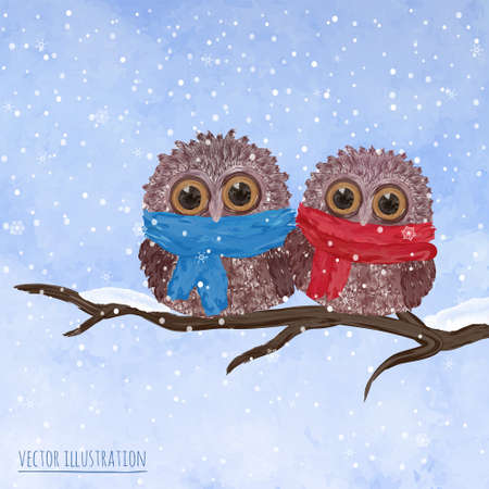 Christmas card  with owls in a tree and snowflakesのイラスト素材
