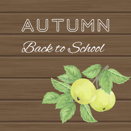 Back to school poster with text and apple on wooden backgroundのイラスト素材