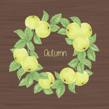 Elegant pattern with green apples and leaves on wooden backgroundのイラスト素材