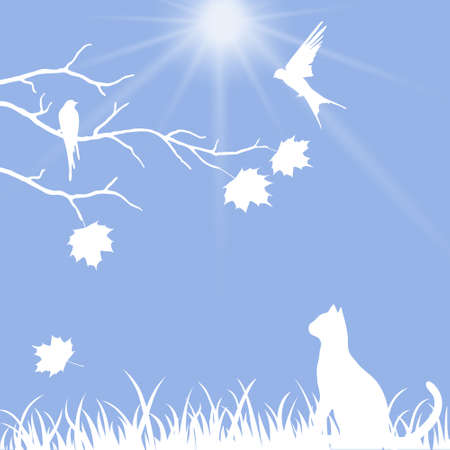 Beautiful  illustration  with autumn leaves, tree and cat on  blue backgroundのイラスト素材