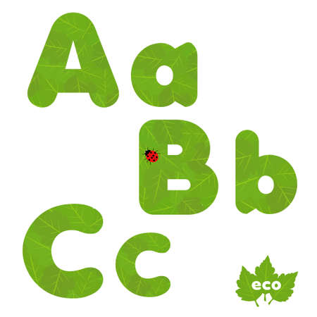 Alphabet of green leaves with ladybug, eco friendlyのイラスト素材