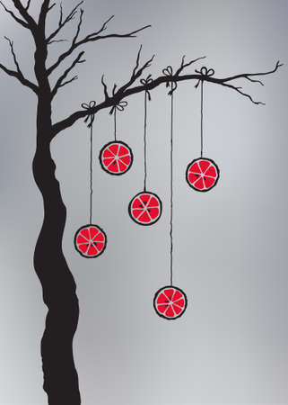 Hand drawn tree with hanging oranges. Blurred backgroundのイラスト素材