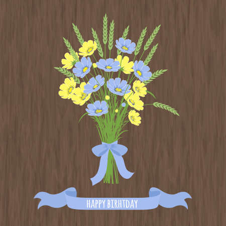 Spring card with abstract  flowers  and wheat ears on a wooden textureのイラスト素材