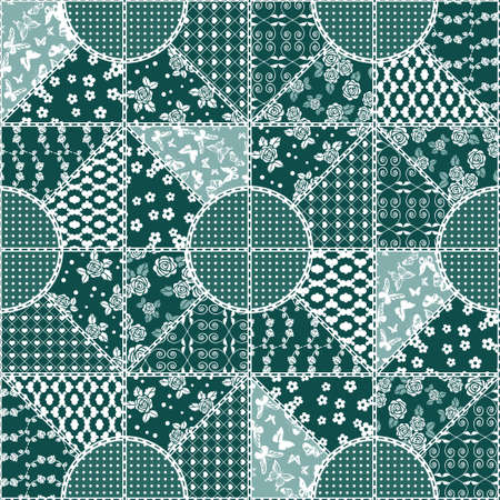 Vector abstract seamless patchwork pattern with geometric and floral  ornaments, stylized flowers, dots, snowflakes and lace. Vintage boho style.のイラスト素材