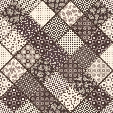 Vector abstract seamless patchwork pattern with geometric and floral  ornaments, stylized flowers, dots, snowflakes and lace. Vintage boho style.のイラスト素材