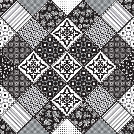 Vector abstract seamless patchwork pattern with geometric and floral  ornaments, stylized flowers, dots, snowflakes and lace. Vintage boho style. Black and whiteのイラスト素材
