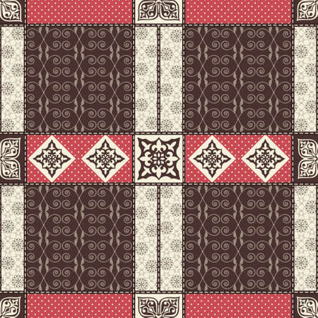 Vector abstract seamless patchwork pattern with geometric and floral  ornaments, stylized flowers, dots, snowflakes and lace. Vintage boho style.のイラスト素材