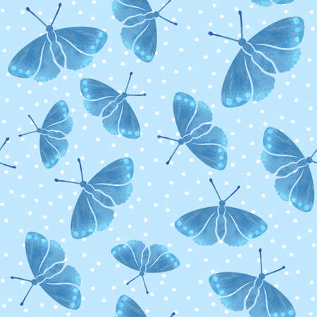 Vector abstract  seamless pattern with blue watercolor  hand drown  dots and butterflies . Pattern can be used for wallpaper, pattern fills, surface texturesのイラスト素材