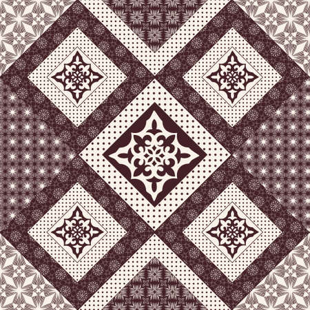 Vector abstract seamless patchwork pattern with geometric and floral  ornaments, stylized flowers, dots, snowflakes and lace. Vintage boho style.のイラスト素材