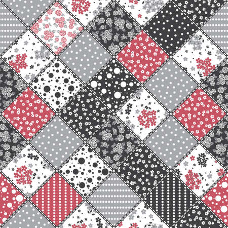 Vector abstract seamless patchwork pattern with geometric and floral  ornaments, stylized flowers, dots, snowflakes and lace. Vintage boho style.のイラスト素材