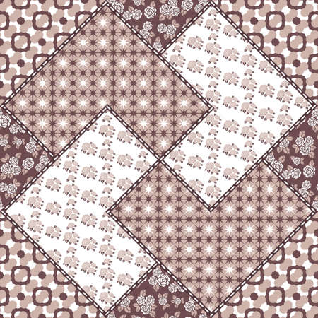Vector abstract seamless patchwork pattern with geometric and floral  ornaments, stylized flowers, dots, snowflakes and lace. Vintage boho style.のイラスト素材