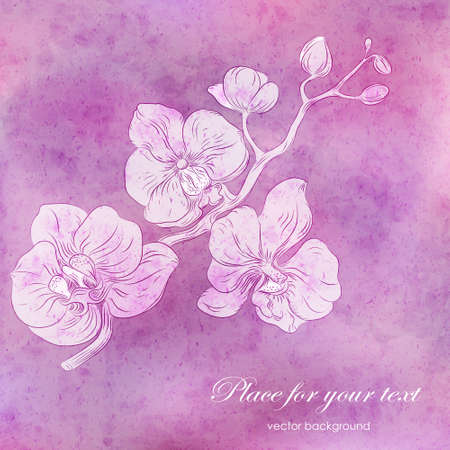 Vector card with pink watercolor texture and hand drawn stylized orchid branch . Perfect  cards for any  kind of design, birthday and other holidayのイラスト素材