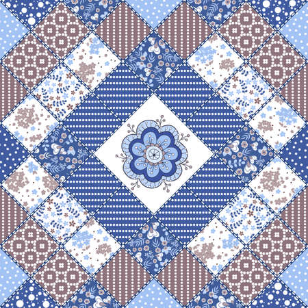 Vector abstract seamless patchwork pattern with geometric and floral  ornaments, stylized flowers, dots, snowflakes and lace. Vintage boho style.のイラスト素材