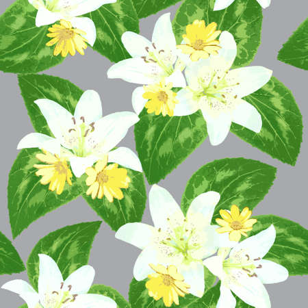 Spring or summer season watercolor nature seamless background with leaves and flowersのイラスト素材