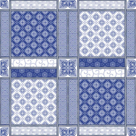 Vector abstract seamless patchwork pattern with geometric oriental ornaments, stylized flowers, stars, snowflakes and lace on the dark blue background. Vintage boho style.のイラスト素材