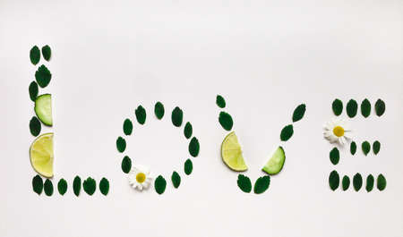Word "love" made of lime, cucumber and flowers on white background. Flat lay, top viewの写真素材