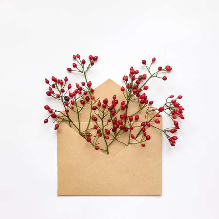 Cute fresh berries on branches in a kraft envelop on white background. Stylish flat lay. Minimal conceptの写真素材