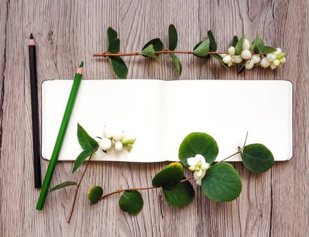 Closeup of sketchbook on wooden background, decorated with green snowberry branches and berries. School or artistic book for notes. Minimalist top view, flat lay, view from aboveの写真素材