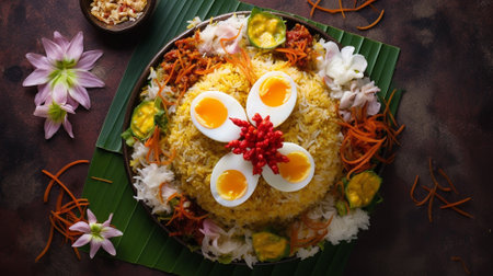 Rice with egg yolk and vegetables served in a plate.の素材